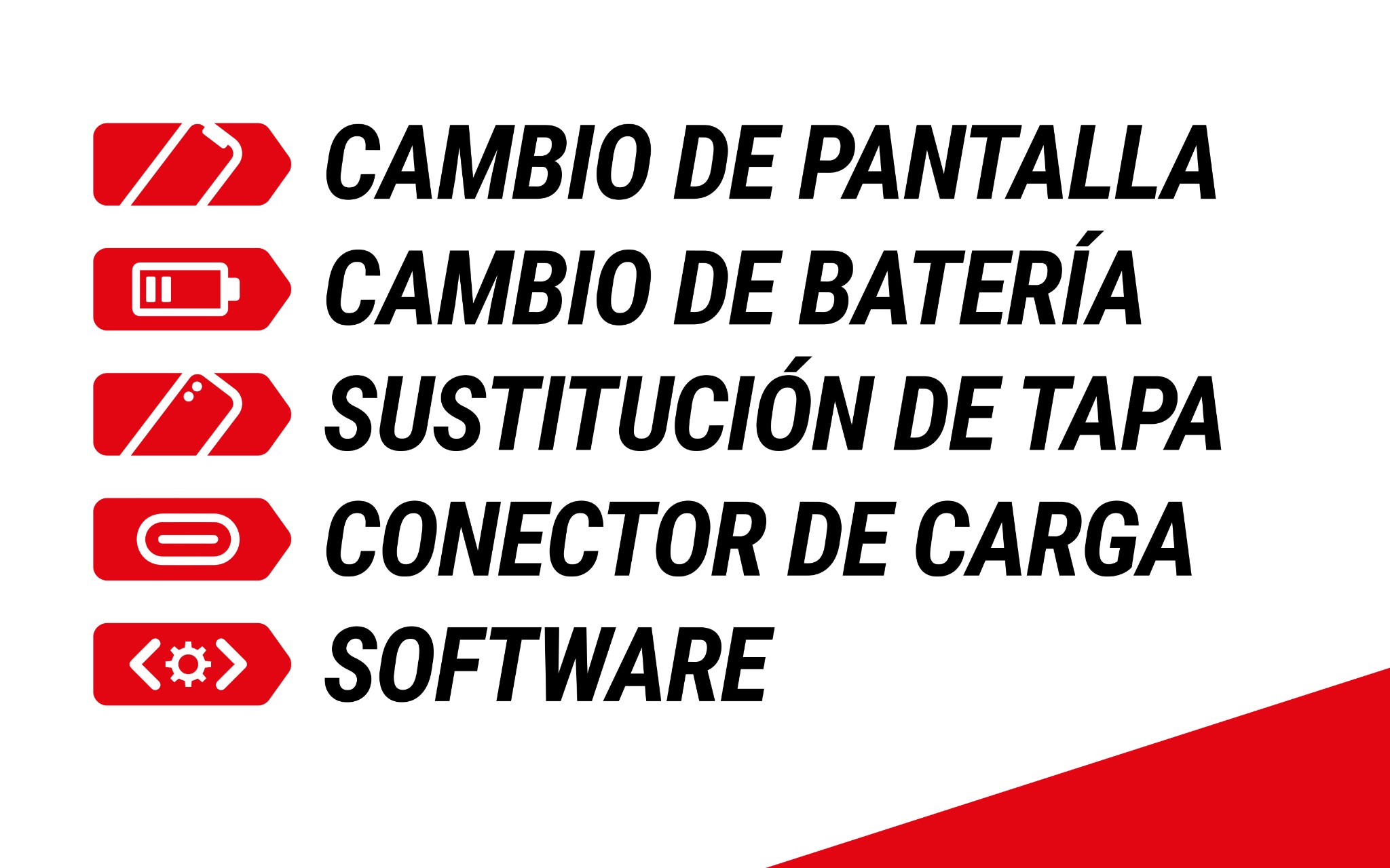 Cambio de pantalla, batería, tapa, conector de carga y software